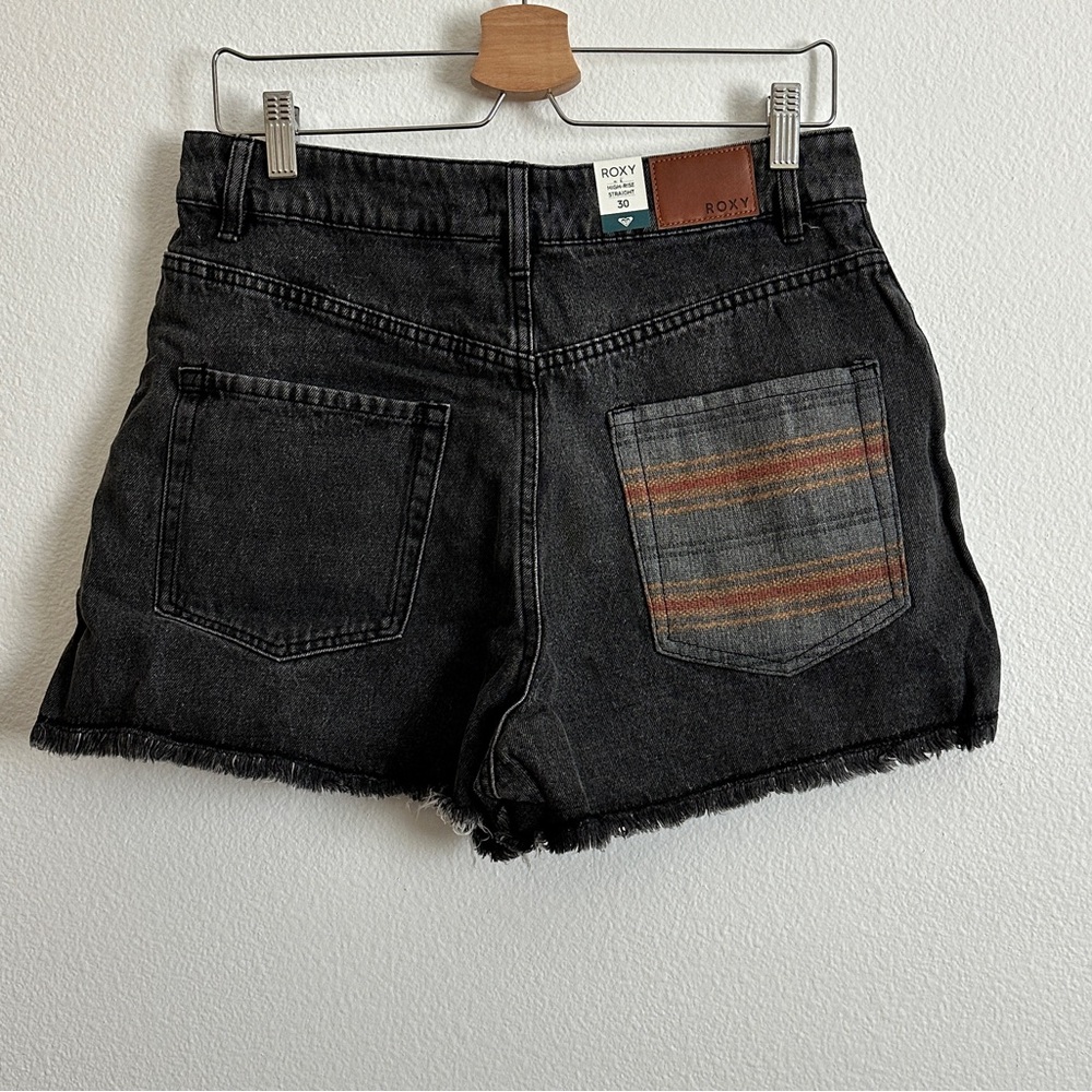 Roxy Black Washed Denim High Waist Striped Pocket Distressed Shorts Size 30